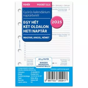   Kalendárium betét, tervező Filofaxhoz, A5, heti, 1 hét/2 oldal, 2025