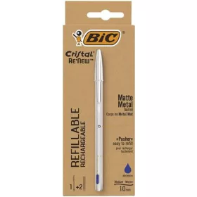   Golyóstoll, 0,32 mm, kupakos, matt ezüst színű tolltest, BIC "Cristal Re'New", kék + betét