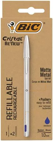 Golyóstoll, 0,32 mm, kupakos, matt ezüst színű tolltest, BIC "Cristal Re'New", kék + betét