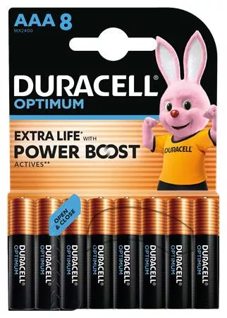 Elem, AAA mikro, 8 db, műanyagmentes, DURACELL "Optimum"