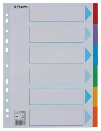 Regiszter, karton, A4, 6 részes, írható előlappal, ESSELTE "Standard", színes