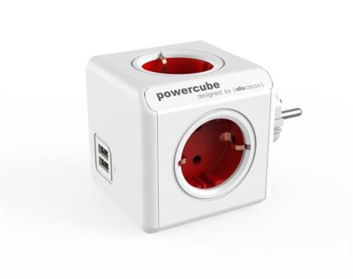 Elosztó, 4 aljzat, 2 USB csatlakozó, ALLOCACOC "PowerCube Original USB DE", fehér-piros