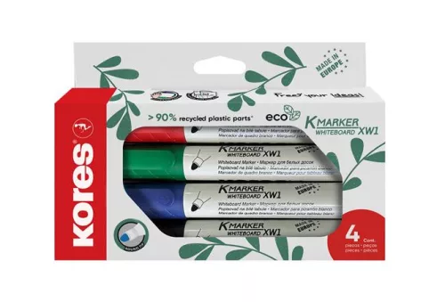 Tábla- és flipchart marker készlet, 3 mm, kúpos, KORES "ECO K-Marker XW1", 4 különböző szín