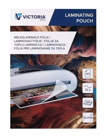 Meleglamináló fólia, 75 mikron, A3, fényes, VICTORIA OFFICE