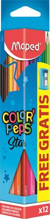 Színes ceruza készlet, háromszögletű, hegyezővel, MAPED "Color'Peps Star", 12 különböző szín