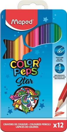 Színes ceruza készlet, háromszögletű, fém doboz, MAPED "Color'Peps Star", 12 különböző szín