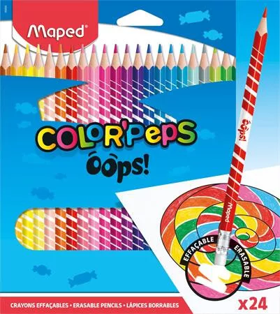 Színes ceruza készlet, háromszögletű, radírozható, MAPED "Color'Peps Oops", 24 különböző szín