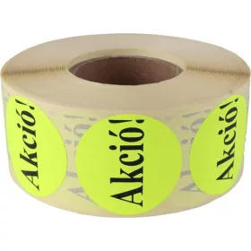 Etikett, 38 mm kör, "AKCIÓ" felirattal, 1000 etikett/tekercs, citromsárga
