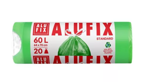 Szemeteszsák, zárószalagos, 60 l, 20 db, 64x71 cm, 16 µ, ALUFIX, zöld