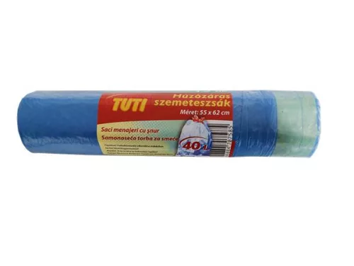 Szemeteszsák, zárószalagos, 40 l, 15 db, 55x62 cm, 17 µ, TUTI, kék