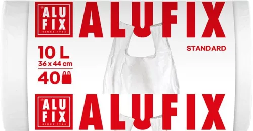 Szemeteszsák, köthető füllel, 10 l, 40 db, 36x44 cm, 10 µ, ALUFIX, fehér