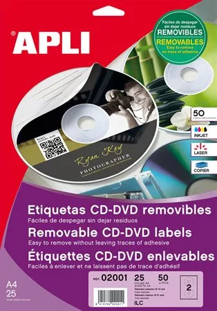 Etikett, CD/DVD, A4, matt, eltávolítható, APLI
