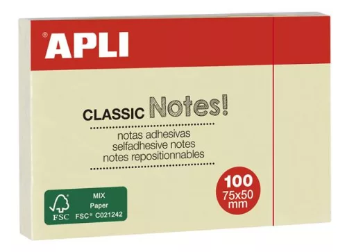 Öntapadó jegyzettömb, 50x75 mm, 100 lap, APLI "Classic", sárga
