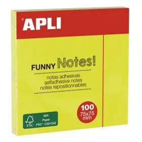   Öntapadó jegyzettömb, 75x75 mm, 100 lap, APLI "Funny", neon sárga