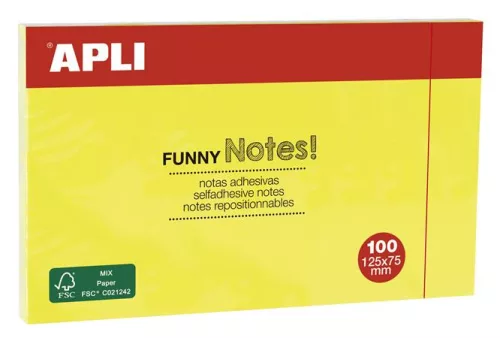 Öntapadó jegyzettömb, 125x75 mm, 100 lap, APLI "Funny", sárga