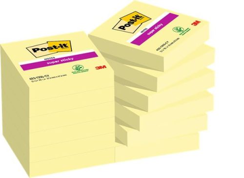 Öntapadó jegyzettömb csomag, 48x48 mm, 12x90 lap, 3M POSTIT "Super Sticky", sárga