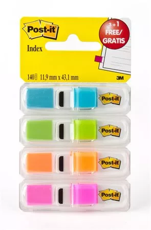 Jelölőcímke adagolóban, műanyag, 4x35 lap, 12x43 mm, 3M POSTIT, élénk színek