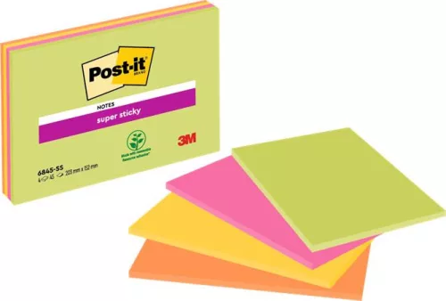 Öntapadó jegyzettömb, 203x152 mm, 4x45 lap, 3M POSTIT "Super Sticky", vegyes színek