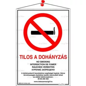 Információs tábla, 21x30 cm, többnyelvű, "Tilos a dohányzás!"