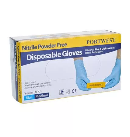 Védőkesztyű, egyszer használatos, nitril, M méret, púder nélküli, kék