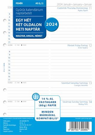Kalendárium betét, tervező Filofaxhoz, A5, heti, 1 hét/2 oldal, 2024