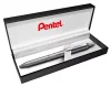Zseléstoll, 0,35 mm, nyomógombos, ezüst tolltest, PENTEL "EnerGel BL-407" fekete, ajándék kék tollbetéttel