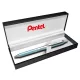 Zseléstoll, 0,35 mm, nyomógombos, aquamarin tolltest, PENTEL "EnerGel BL-407" fekete, ajándék kék tollbetéttel