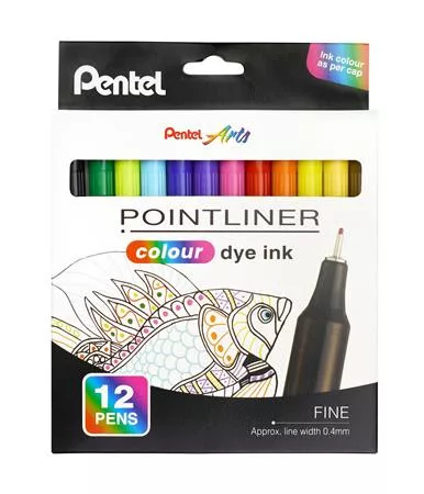 Tűfilc készlet, 0,4 mm, PENTEL "Pointliner", 12 különböző szín