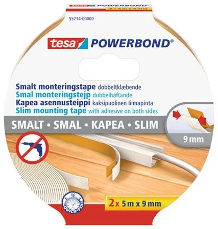 Szerelőszalag, keskeny, 2 x 9 mm x 5 m, TESA, "Powerbond"