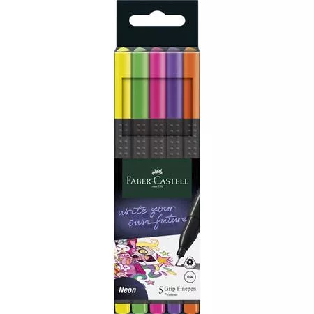 Tűfilc készlet, 0,4 mm, FABER-CASTELL "Grip", 5 különböző neon szín