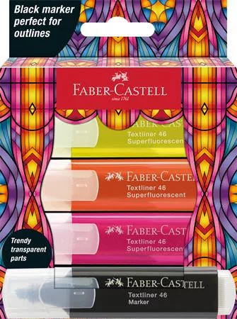Szövegkiemelő készlet, FABER-CASTELL "Glassy", 3 különböző neon szín + fekete