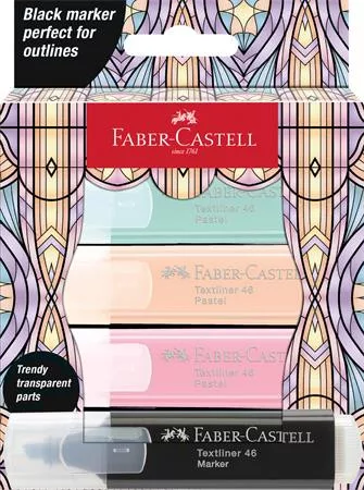 Szövegkiemelő készlet, FABER-CASTELL "Glassy", 3 különböző pasztell szín + fekete