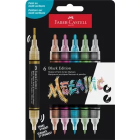 Dekormarker készlet, 1,0/3,0 mm, kétvégű, akril, FABER-CASTELL "Shake&Paint", 6 különböző metál szín