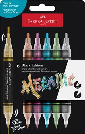 Dekormarker készlet, 1,0/3,0 mm, kétvégű, akril, FABER-CASTELL "Shake&Paint", 6 különböző metál szín