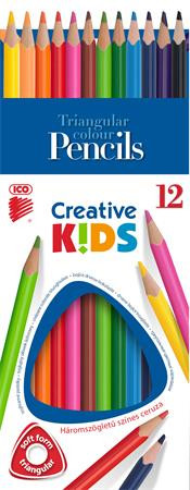 Színes ceruza készlet, háromszögletű, ICO "Creative kids", 12 különböző szín