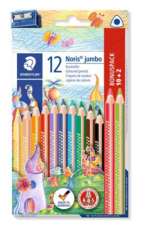 Színes ceruza készlet, háromszögletű, vastag, hegyezővel, STAEDTLER "Noris Jumbo 128", 10+2 különböző szín