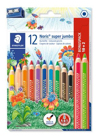 Színes ceruza készlet, háromszögletű, vastag, hegyezővel, STAEDTLER "Noris Super Jumbo 129", 10+2 különböző szín