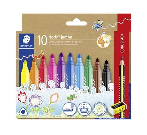 Filctoll készlet, grafitceruzával, radírral, 3 mm, háromszögletű, STAEDTLER "Noris® jumbo 328", 10+1 szín