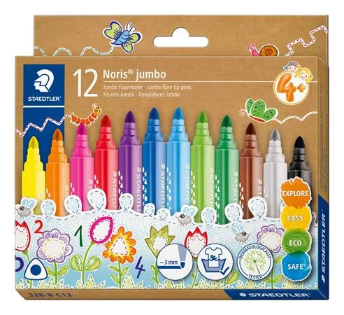 Filctoll készlet, 3 mm, háromszögletű, kimosható, STAEDTLER "Noris® jumbo 328-B", 12 szín