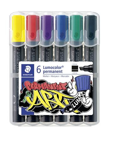 Alkoholos marker készlet, 2-5 mm, vágott, STAEDTLER "Lumocolor® 350", 6 különböző szín