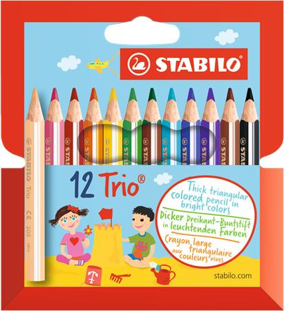 Színes ceruza készlet, háromszögletű, vastag, rövid, STABILO "Trio", 12 különböző szín