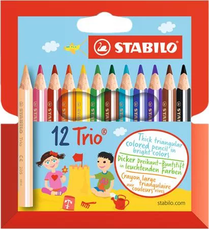 Színes ceruza készlet, háromszögletű, vastag, rövid, STABILO "Trio", 12 különböző szín