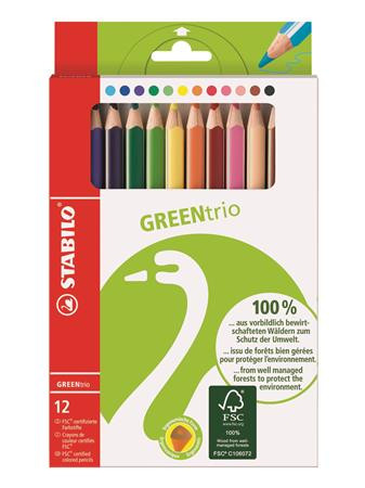 Színes ceruza készlet, háromszögletű, vastag, STABILO "GreenTrio", 12 különböző szín