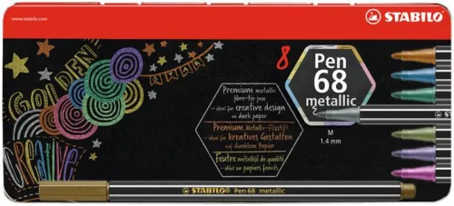 Filctoll készlet, fém doboz, 1,4 mm, STABILO "Pen 68 metallic", 8 különböző szín