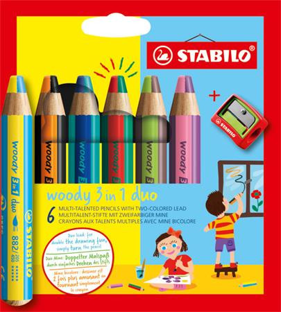 Színes ceruza készlet, STABILO "Woody 3 in 1 duo", 6 dupla vegyes szín