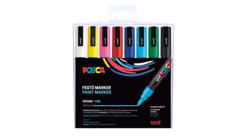 Dekormarker készlet, 0,9-1,3 mm, UNI "Posca PC-3M", 8 különböző szín