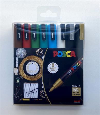 Dekormarker készlet, 0,9-1,3 mm, UNI "Posca PC-3M Holiday", 8 különböző szín