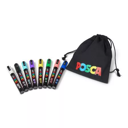 Dekormarker készlet, 1,8-2,5 mm, UNI "Posca Pouch PC-5M", 8 különböző szín, tartóval