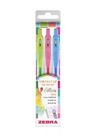 Zseléstoll készlet, 0,33 mm, nyomógombos, ZEBRA "Sarasa Clip Lollipop", 3 különböző szín