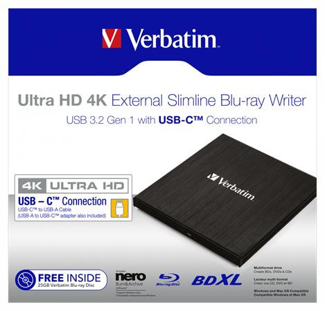 Blu-ray író, (külső meghajtó), 4K Ultra HD, USB 3.1 GEN 1 USB-C, VERBATIM "Slimline"